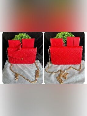 L V Red Embossed Leather Crossbody Bag with Gold Chain